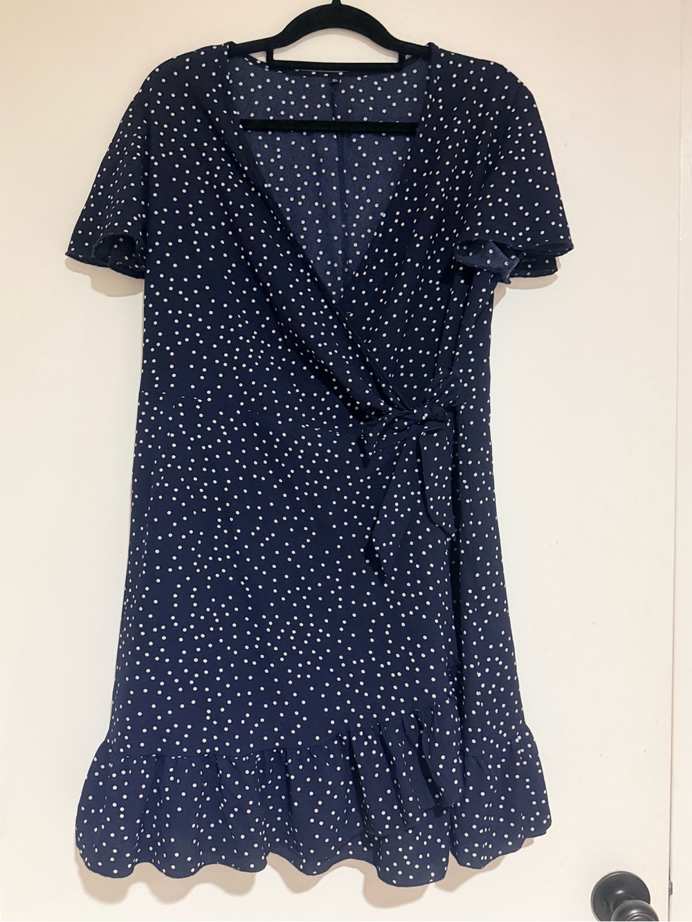 Women's Navy Polka Dot Wrap Dress with Ruffle Hem